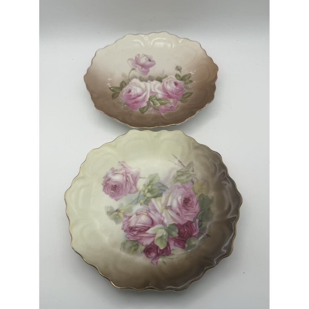 Antique Z.S. & Co Bavaria Punch Porcelain Rose Plates Gold Trim Set of 2